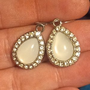 Vintage 1" Silver Opal Teardrop Earrings with CZ Diamond Accents